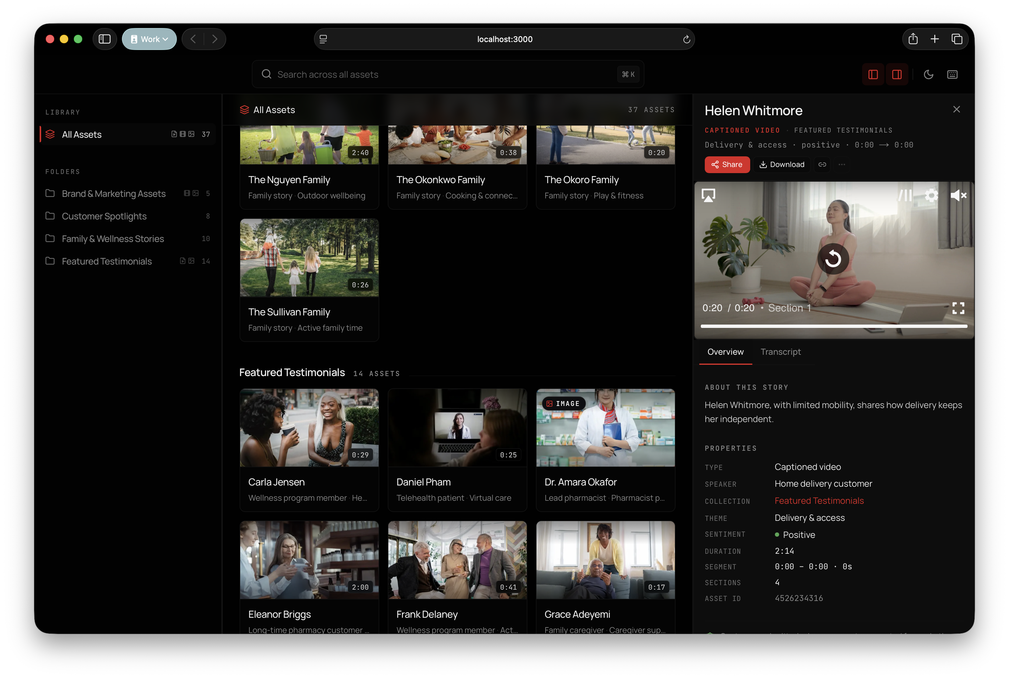 Dark mode semantic video search interface showing an asset detail panel